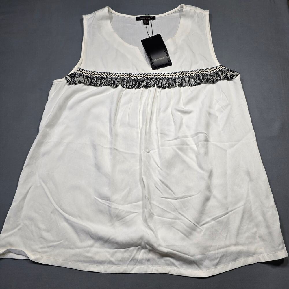 Color Block Cream Sleeveless Shirt NEW Preppy Black Fringe V-Neck Women's Size M